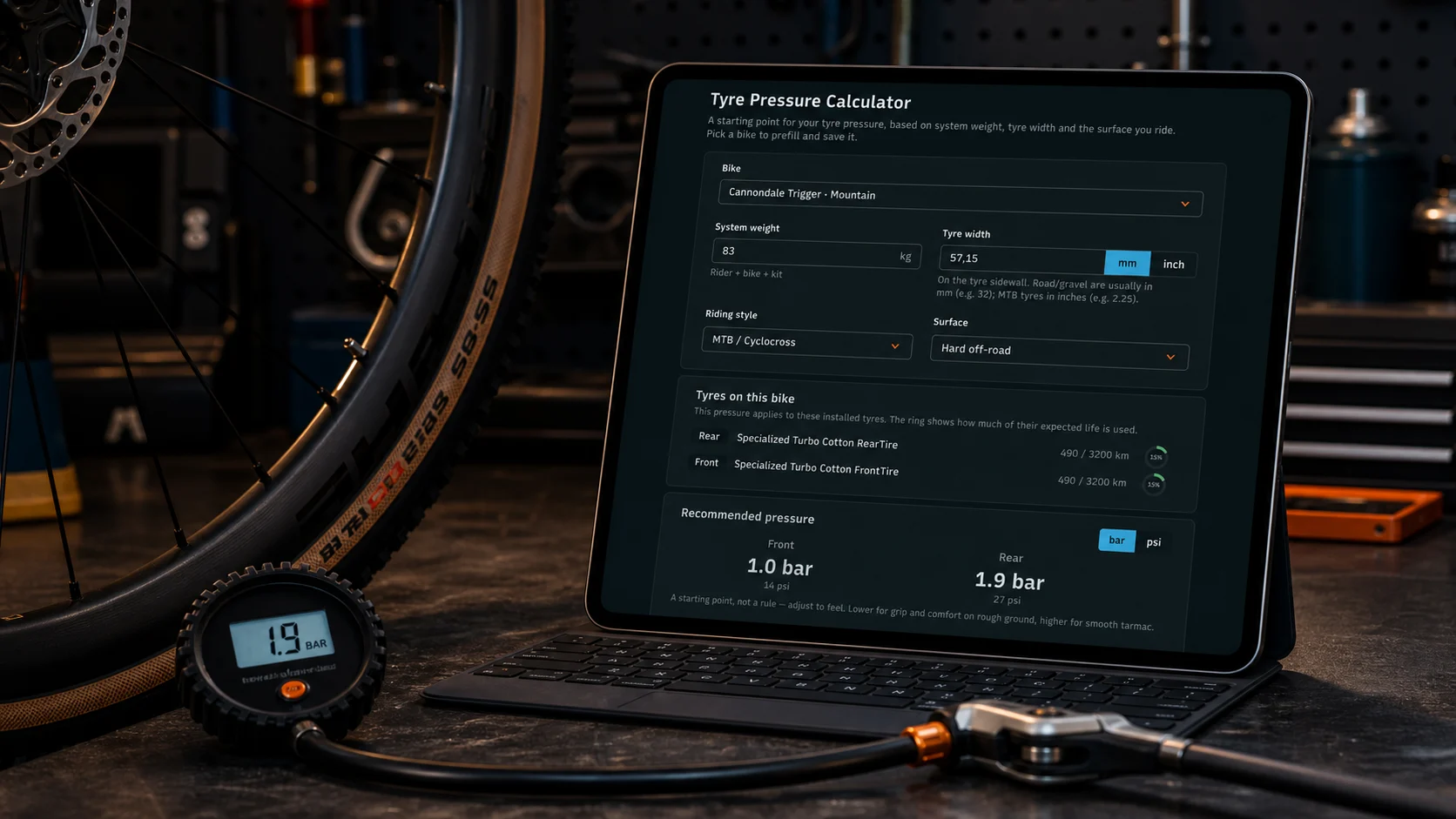 The tire pressure calculator that already knows your bike