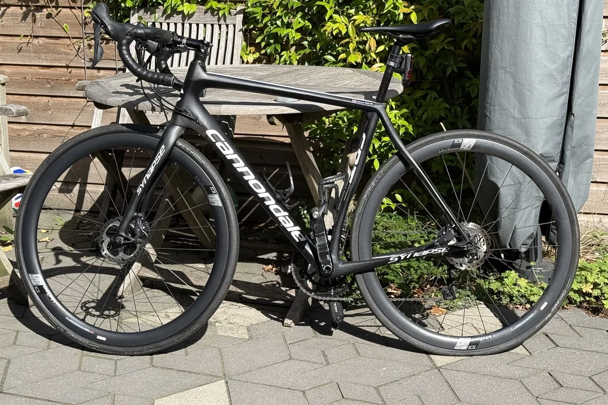 Garmin Varia RearVue 820 radar tail light mounted on the seatpost of a Cannondale Synapse road bike