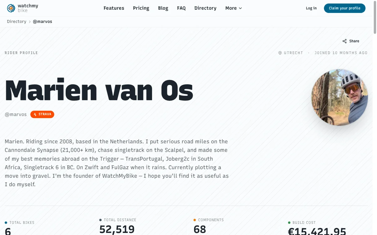 Marien's public rider profile on WatchMy.bike: name, handle, Strava link, bio, and totals for bikes, distance, components and build cost